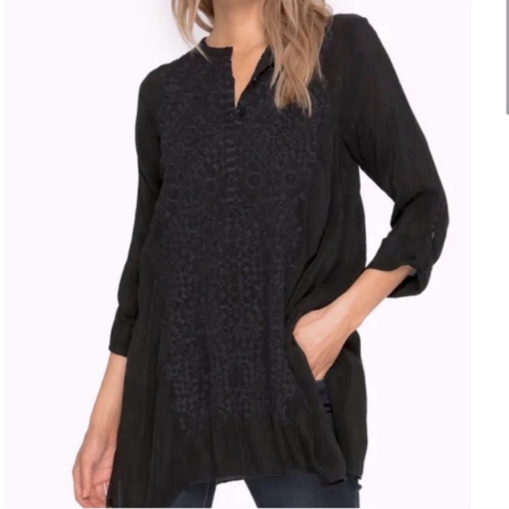 Johnny Was Rona Tunic Womens Small Black Sheer Embroidered Shark Bite Hem Boho - Picture 2 of 13